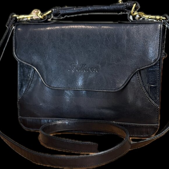 Bellerose Handbags - Bellerose Black Leather Satchel | European Croc-Embossed | Vintage - So Unique!